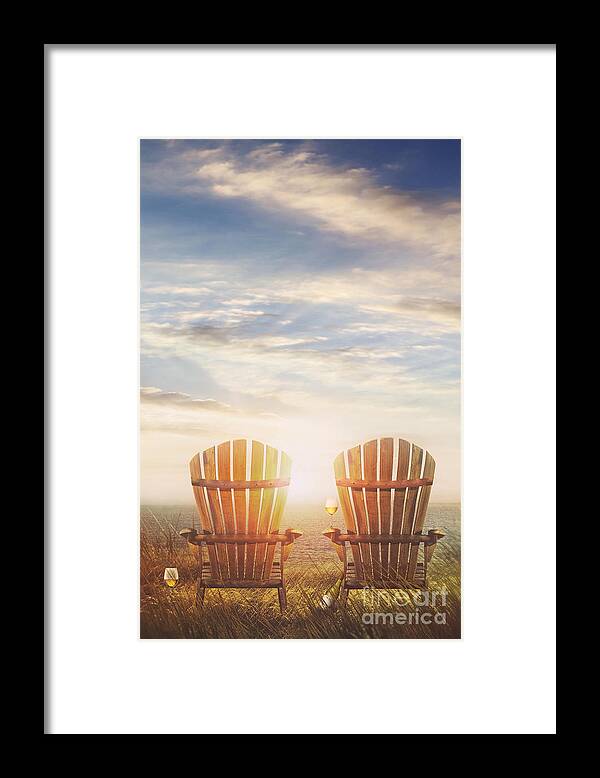 Atmosphere Framed Print featuring the photograph Summer chairs sand dunes and ocean in background #2 by Sandra Cunningham
