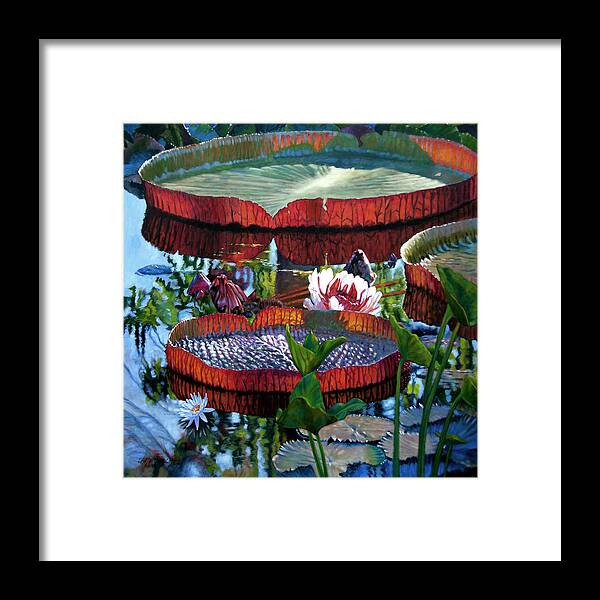 Water Lilies Framed Print featuring the painting Sunlight Shining Through #1 by John Lautermilch