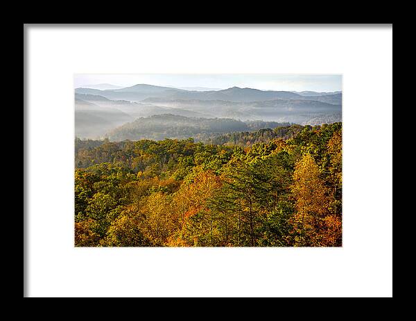Foothills Parkway Framed Print featuring the photograph Sunrise over Great Smoky Mountains at Peak of Autumn Color #1 by Darrell Young