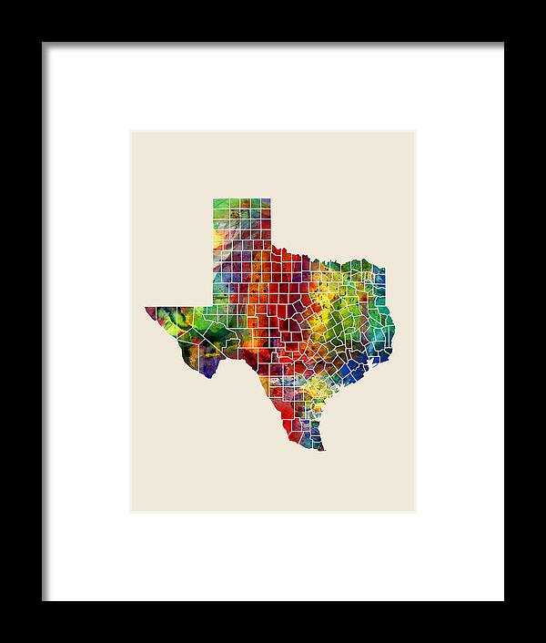 United States Map Framed Print featuring the digital art Texas Watercolor Map #1 by Michael Tompsett