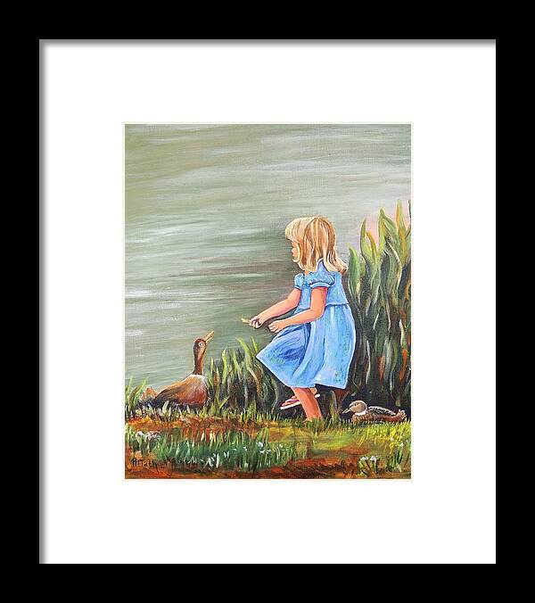 Ducks Framed Print featuring the painting Tori and her ducks by Patricia Piffath