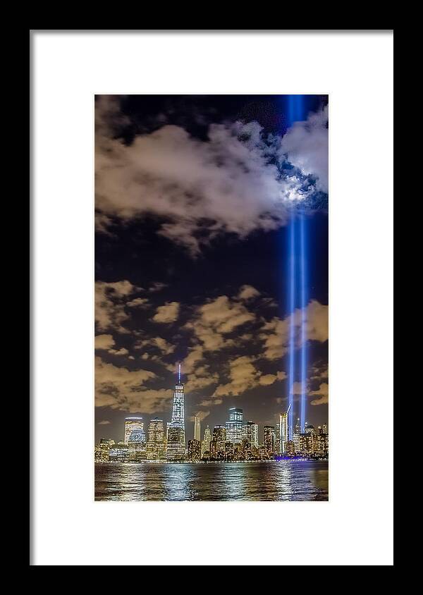 9/11 Framed Print featuring the photograph Tribute of Light, September 11, 2015 #1 by SAURAVphoto Online Store