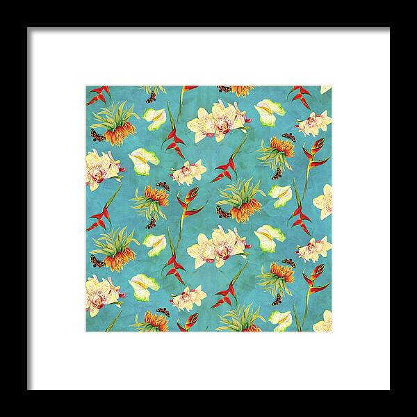 Orchid Framed Print featuring the painting Tropical Island Floral Half Drop Pattern by Audrey Jeanne Roberts