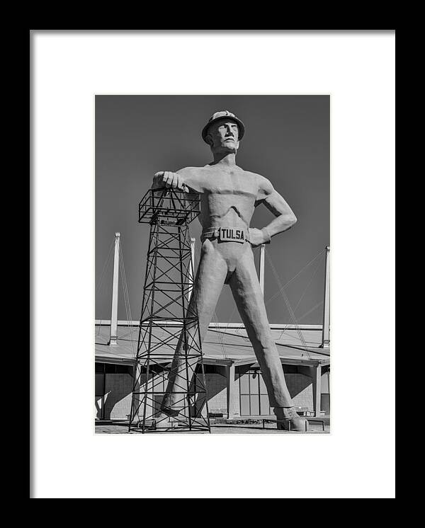 Tulsa Framed Print featuring the photograph Tulsa Golden Driller Black and White Front by Bert Peake