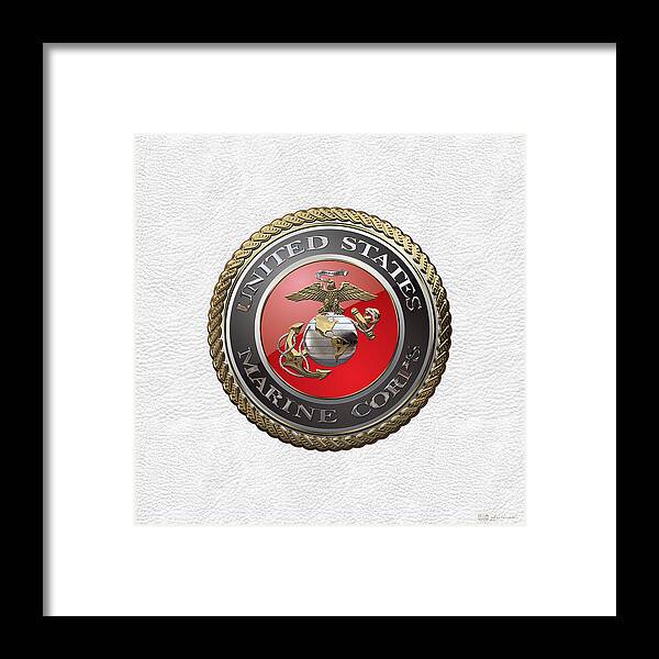 'usmc' Collection By Serge Averbukh Framed Print featuring the digital art U. S. Marine Corps - U S M C Emblem over White Leather by Serge Averbukh