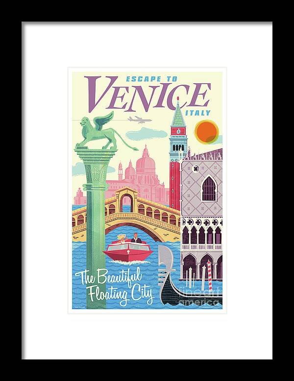 #faatoppicks Framed Print featuring the digital art Venice Poster - Retro Travel by Jim Zahniser