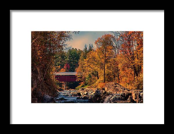 Northfield Falls Covered Bridge Framed Print featuring the photograph Vermont covered bridge over the Dog River #4 by Jeff Folger