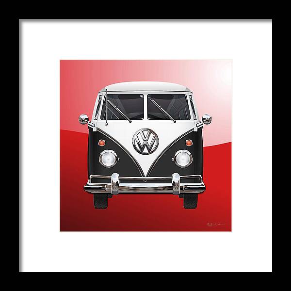 'volkswagen Type 2' Collection By Serge Averbukh Framed Print featuring the photograph Volkswagen Type 2 - Black and White Volkswagen T 1 Samba Bus on Red by Serge Averbukh