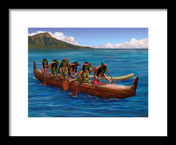 Hawaii Framed Print featuring the painting Wahine Hawaiian Canoe Paddlers by Stephen Jorgensen