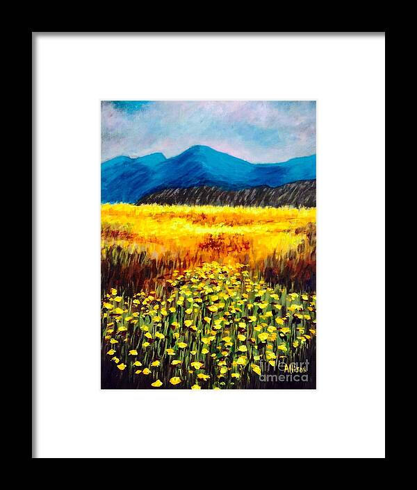 #desert #landscapes #flowers #wildflowers #mountains Framed Print featuring the painting Wildflowers #1 by Allison Constantino