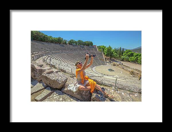 Greece Framed Print featuring the pyrography Woman photographer selfie #1 by Benny Marty