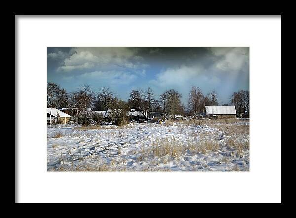 #city#street#landscape#white#snow#cold#sun#rays#shadows#house#trees#art#digital#fine#outskirts#small#town#concept#colours# Framed Print featuring the photograph Outskirts Of A Small Town.in W inter.. by Aleksandrs Drozdovs