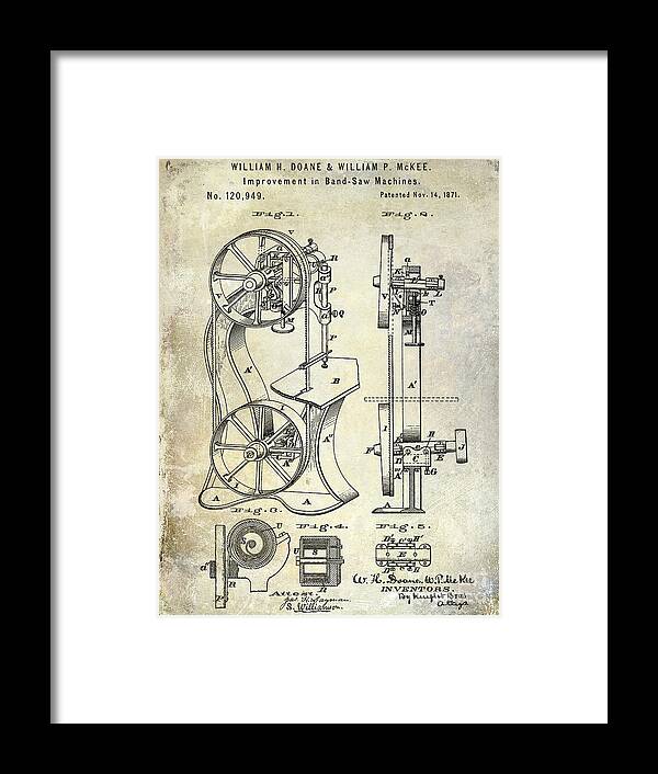 Saw Patent Framed Print featuring the photograph 1871 Bandsaw Patent by Jon Neidert