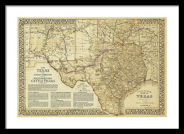 Cattle Trails Map Framed Print featuring the digital art 1876 Great Texas and Southwestern Cattle Trails Map by Texas Map Store