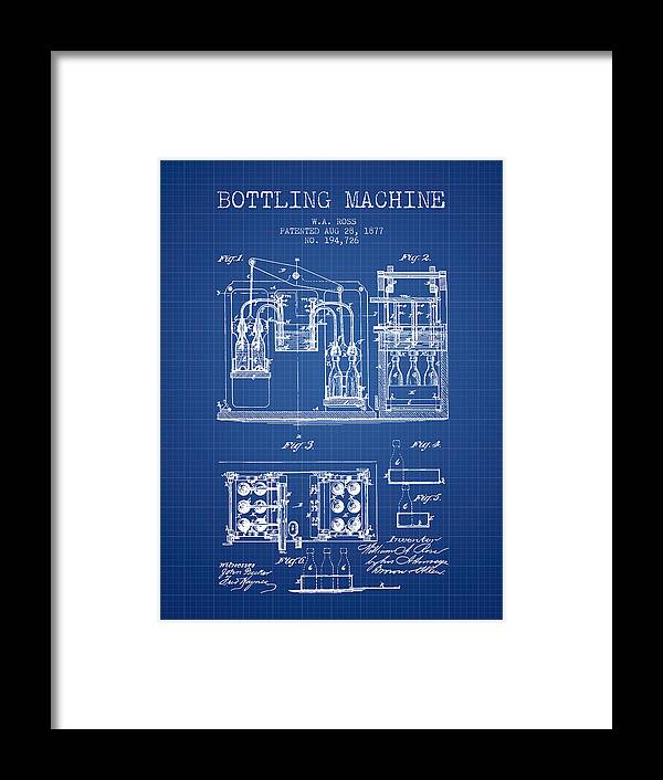 Bottle Machine Framed Print featuring the digital art 1877 Bottling Machine patent - Blueprint by Aged Pixel