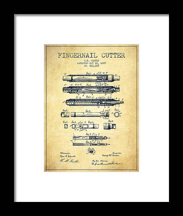 Pedicure Framed Print featuring the digital art 1889 Fingernail Cutter Patent - Vintage by Aged Pixel