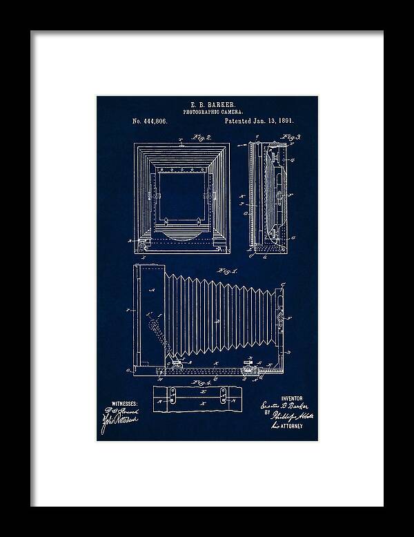 Patent Framed Print featuring the digital art 1891 Camera US Patent Invention Drawing - Dark Blue by Todd Aaron