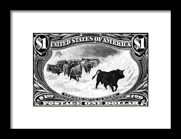 American West Framed Print featuring the painting 1898 Western Cattle in Storm Stamp by Historic Image