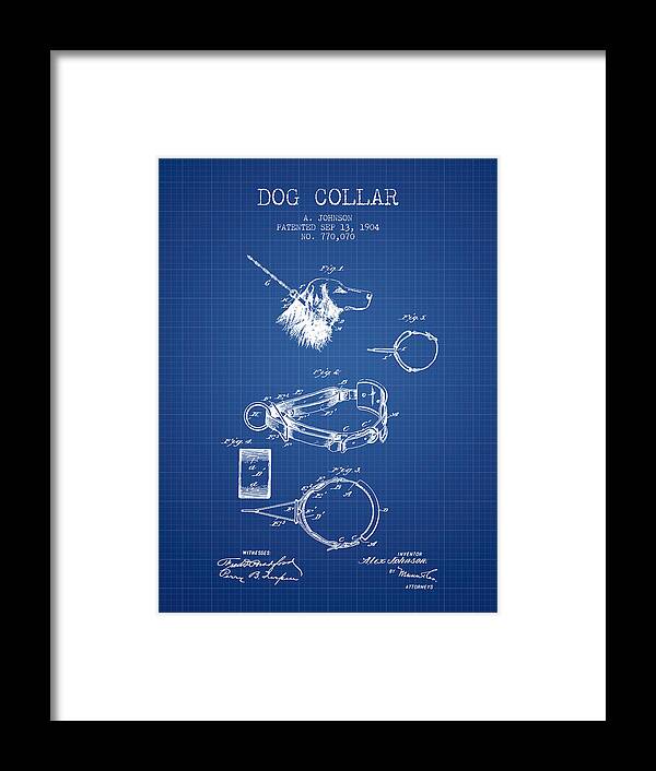 Dog Framed Print featuring the digital art 1904 Dog Collar Patent - Blueprint by Aged Pixel