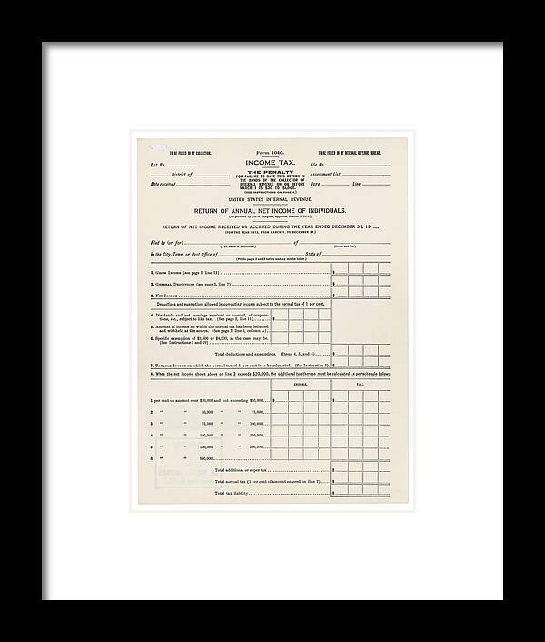History Framed Print featuring the photograph 1913 Federal Income Tax 1040 Form. The by Everett