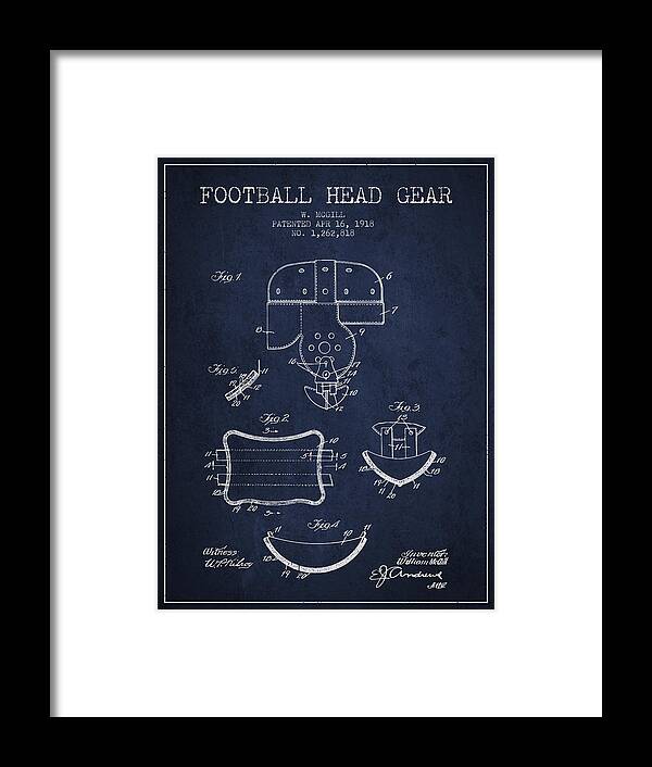 Football Framed Print featuring the digital art 1918 Football Head Gear Patent - Navy Blue by Aged Pixel