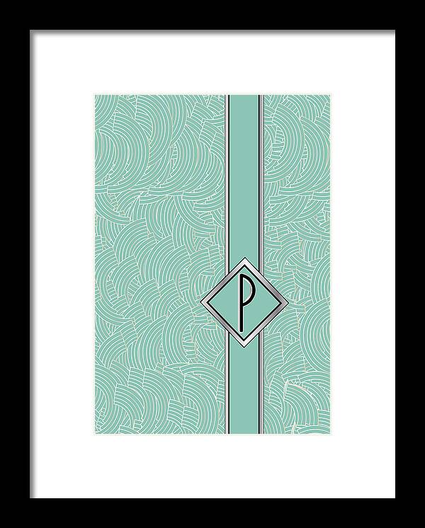 Monogrammed Framed Print featuring the digital art 1920s Blue Deco Jazz Swing Monogram ...letter P by Cecely Bloom
