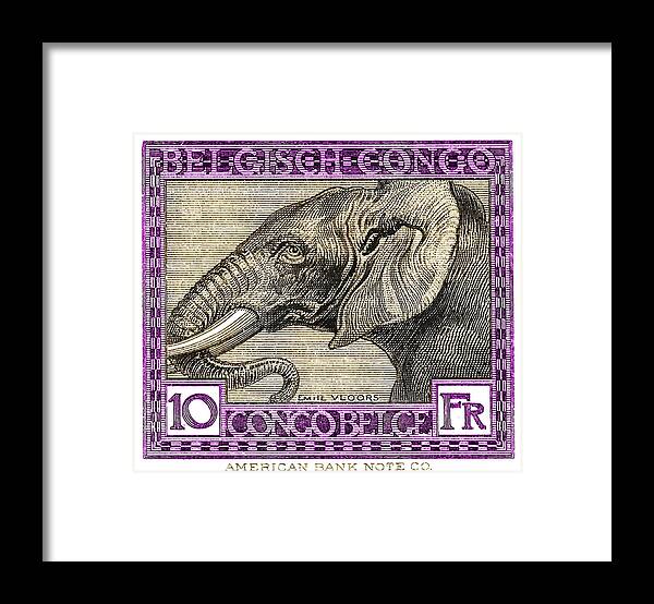 Congo Framed Print featuring the digital art 1923 Belgian Congo Elephant Postage Stamp by Retro Graphics