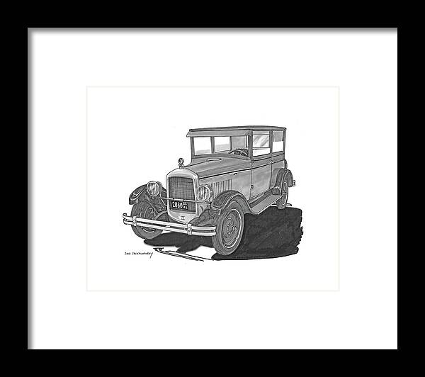 You Are Viewing A Pen & Ink Drawing Of A 1925 Jewett Five-passenger Deluxe Touring Car By Jack Pumphrey Framed Print featuring the painting 1925 Jewett 2 door touring sedan by Jack Pumphrey