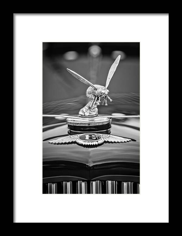 1934 Bentley 3.5-litre Drophead Coupe Hood Ornament Framed Print featuring the photograph 1934 Bentley 3.5-Litre Drophead Coupe Hood Ornament -1669bw by Jill Reger