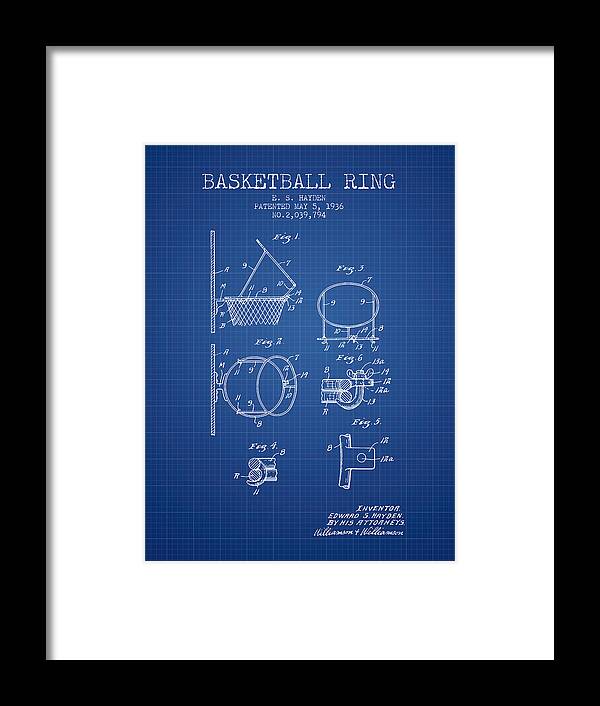 Basketball Framed Print featuring the digital art 1936 Basketball Ring Patent - blueprint by Aged Pixel