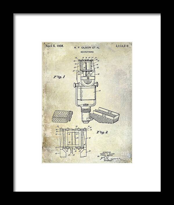 Microphone Patent Framed Print featuring the photograph 1938 Microphone Patent Drawing by Jon Neidert