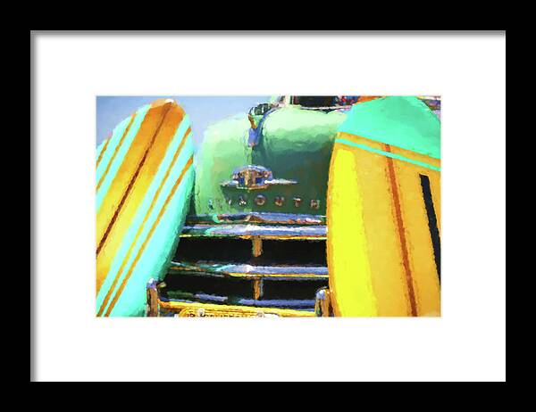 Surf Board Framed Print featuring the digital art 1950 Plymouth Woody and Surfboards Watercolor 3 by Scott Campbell