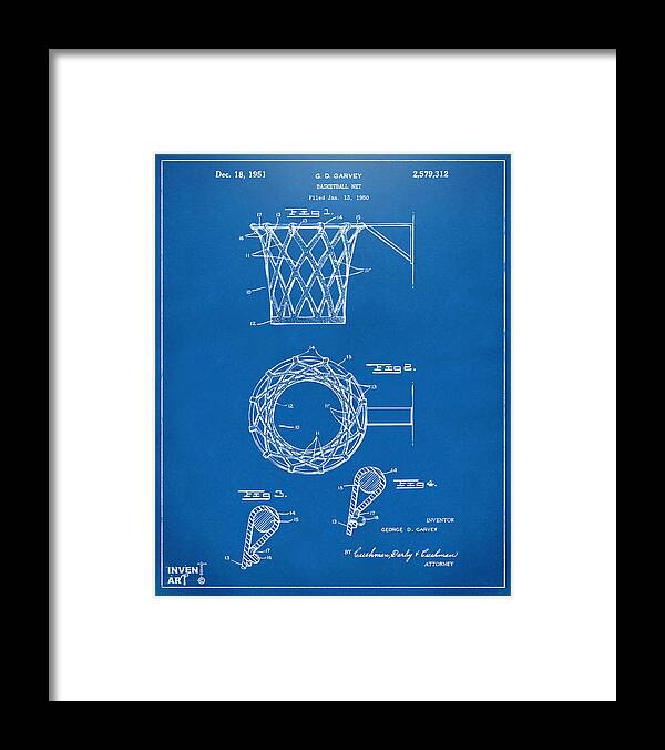 Basketball Framed Print featuring the digital art 1951 Basketball Net Patent Artwork - Blueprint by Nikki Marie Smith