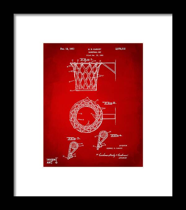 Basketball Framed Print featuring the digital art 1951 Basketball Net Patent Artwork - Red by Nikki Marie Smith