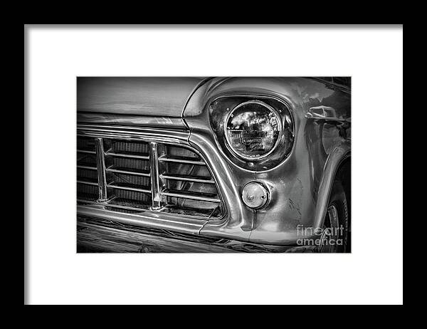 Paul Ward Framed Print featuring the photograph 1955 Chevy Pick Up Truck Front Quarter Panel in black and white by Paul Ward