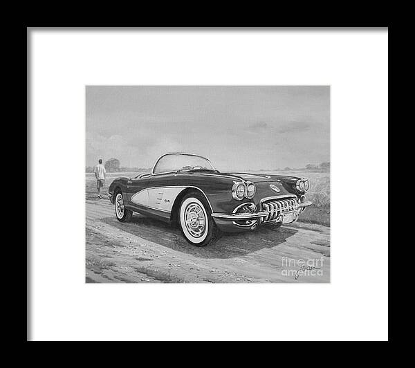 Vintage Framed Print featuring the painting 1959 Chevrolet Corvette Cabriolet In Black and White by Sinisa Saratlic