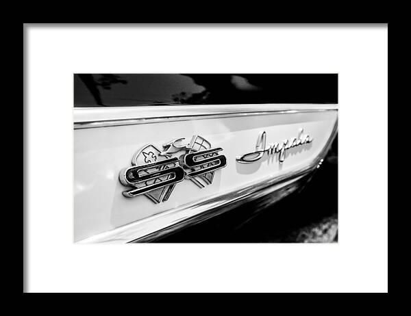 1961 Chevrolet Bel Air Impala Ss Bubble Top Side Emblem Framed Print featuring the photograph 1961 Chevrolet Bel Air Impala SS Bubble Top Side Emblem -0242bw by Jill Reger