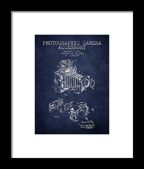 Camera Framed Print featuring the digital art 1963 Camera Patent - Navy Blue - NB by Aged Pixel