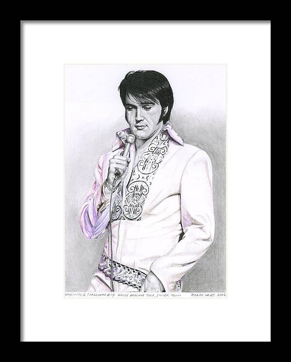 Elvis Framed Print featuring the drawing 1970 White Brocade Suit Silver Trim by Rob De Vries