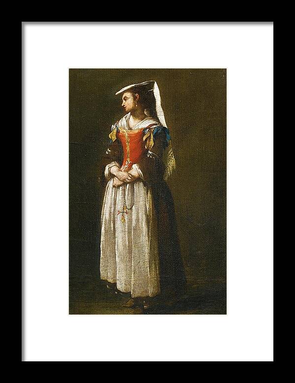 A Young Woman Dressed In Neapolitan Fashion' By Jean Barbault Framed Print featuring the painting A Young Woman Dressed in Neapolitan Fashion by MotionAge Designs