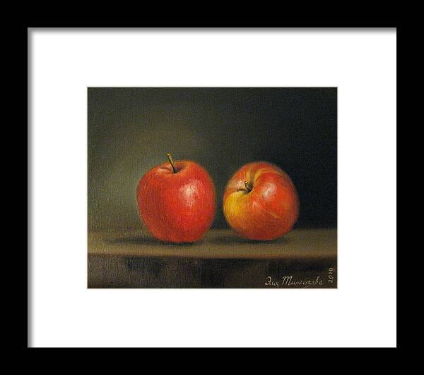 Still Life Framed Print featuring the painting 2 Apples by Eleonora Mingazova