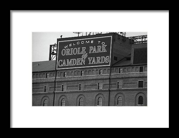 America Framed Print featuring the photograph Baltimore Orioles Park at Camden Yards BW by Frank Romeo