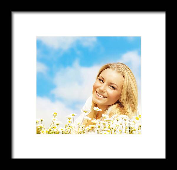Adult Framed Print featuring the photograph Beautiful woman enjoying daisy field and blue sky #2 by Anna Om