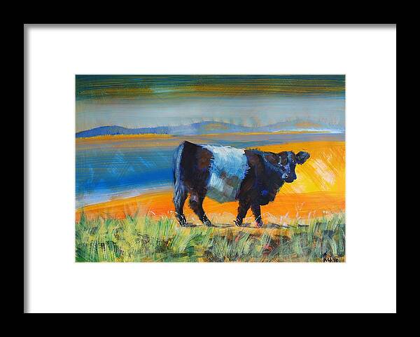 Belted Framed Print featuring the painting Belted Galloway Cow on beach by Mike Jory