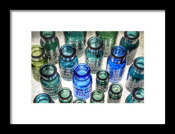 Bromo Seltzer Vintage Glass Bottles Framed Print featuring the photograph Bromo Seltzer Vintage Glass Bottles Collection - Rare Greens #2 by Marianna Mills