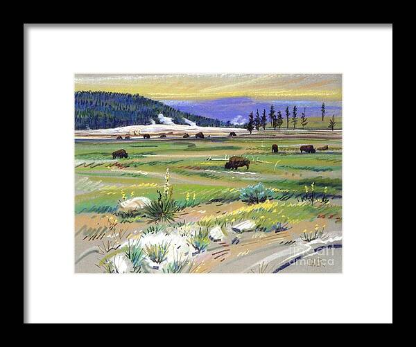 Buffaloes Framed Print featuring the pastel Buffaloes in Yellowstone by Donald Maier