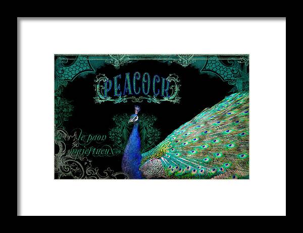 Regal Framed Print featuring the mixed media Elegant Peacock w Vintage Scrolls #1 by Audrey Jeanne Roberts