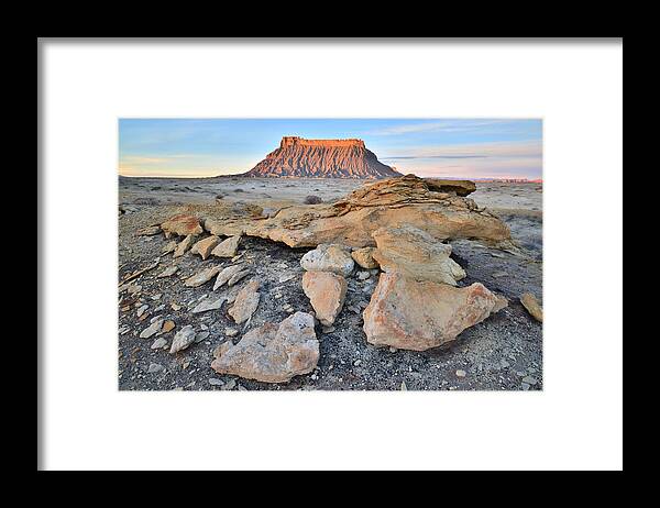 Factory Butte Framed Print featuring the photograph First Light #3 by Ray Mathis