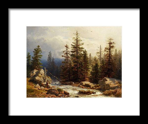Andreas Achenbach Framed Print featuring the painting Forest Landscape with an Angler #2 by MotionAge Designs