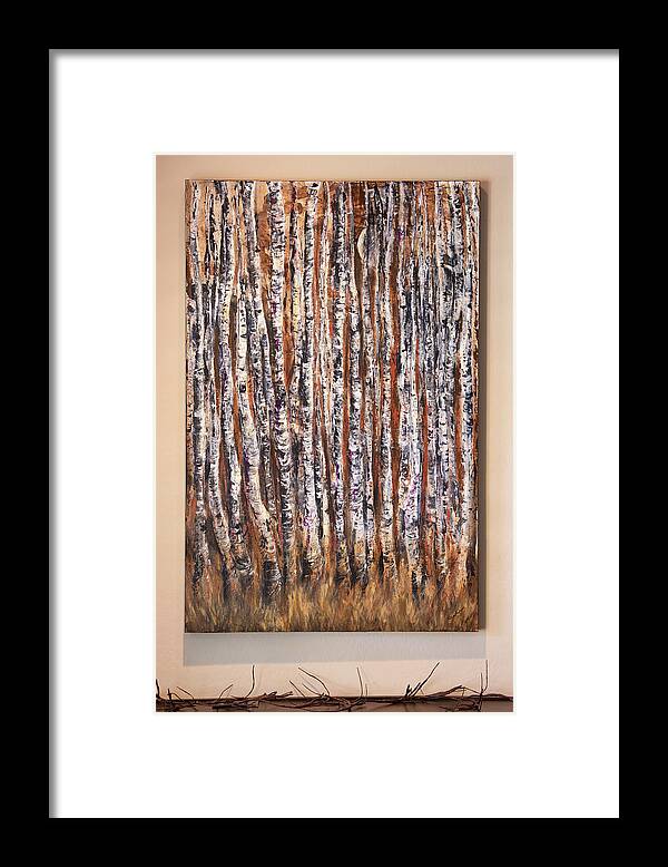 Moonlight Framed Print featuring the painting Moonlight Aspens by Sheila Johns